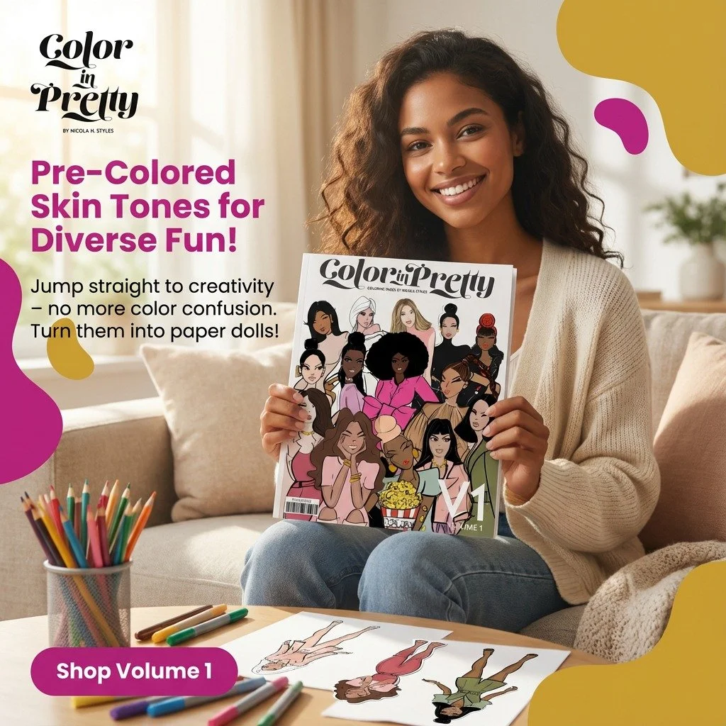 Color In Pretty offers pre-colored skin tones, allowing children to focus on creative expression without confusion. These unique pages promote diverse representation and can be cut out to become engaging paper dolls. Volume one is available now. Clic