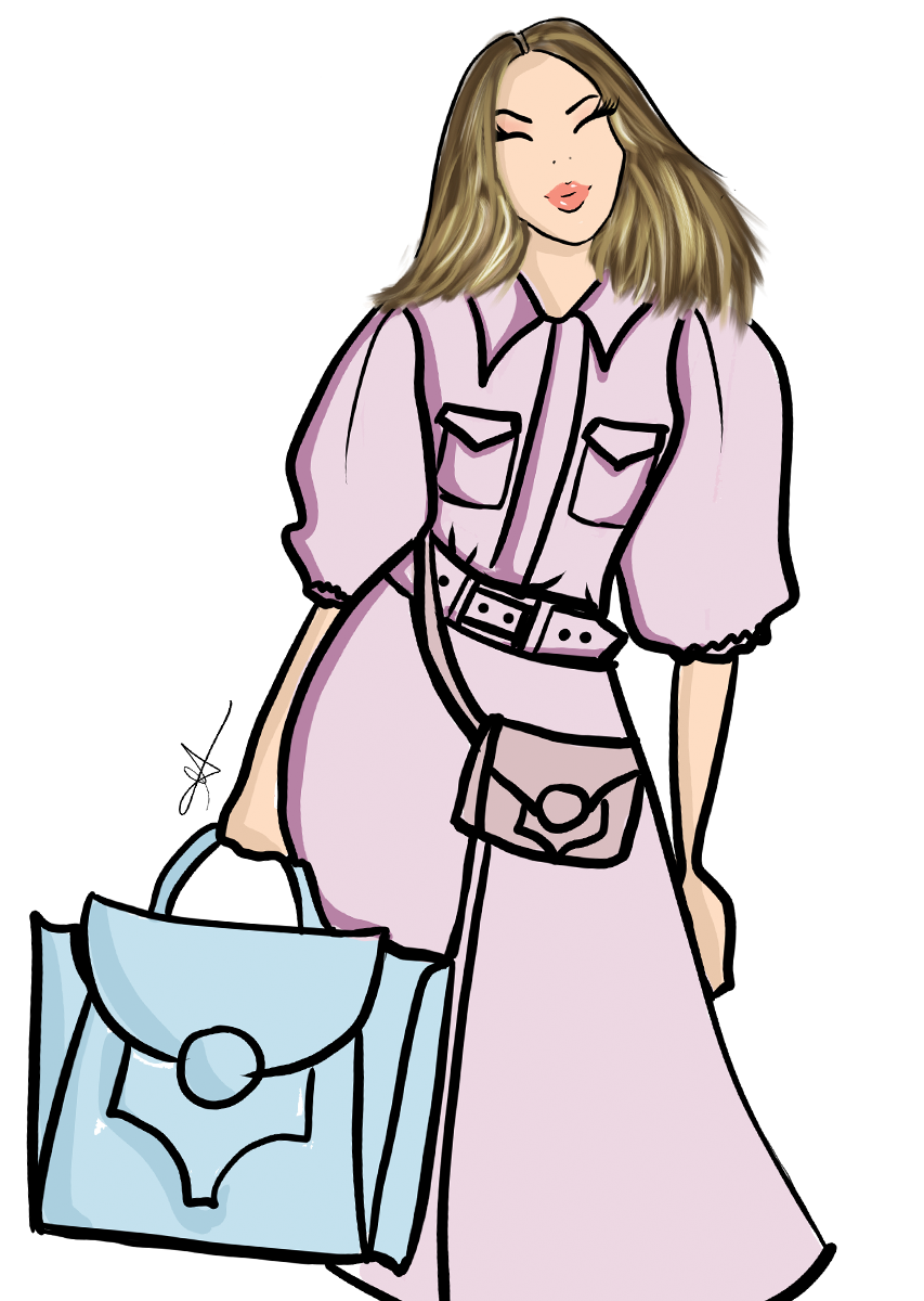 Illustration of a woman with blonde hair wearing a light purple dress with a belt, holding a shopping bag in one hand, standing against a black background.