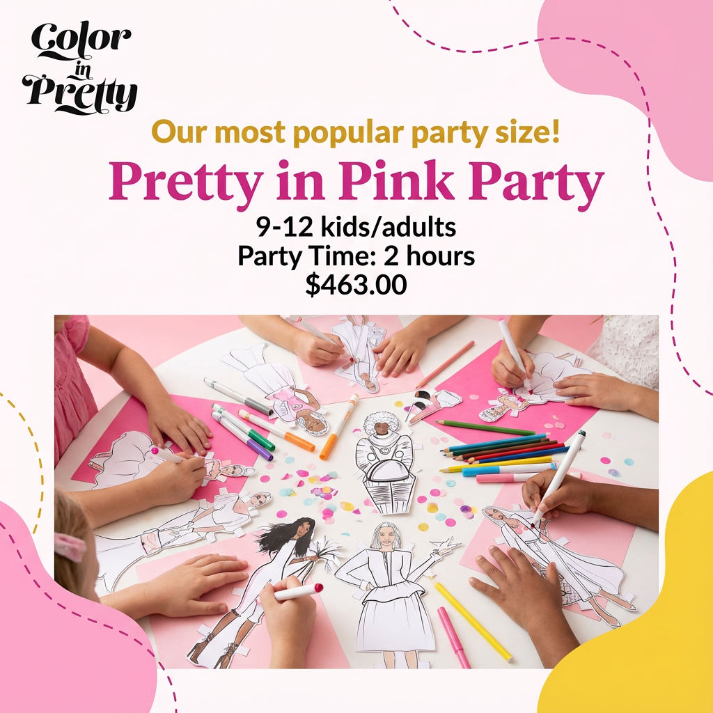 Children coloring and decorating paper fashion dolls for a "Pretty in Pink Party" with markers and confetti.