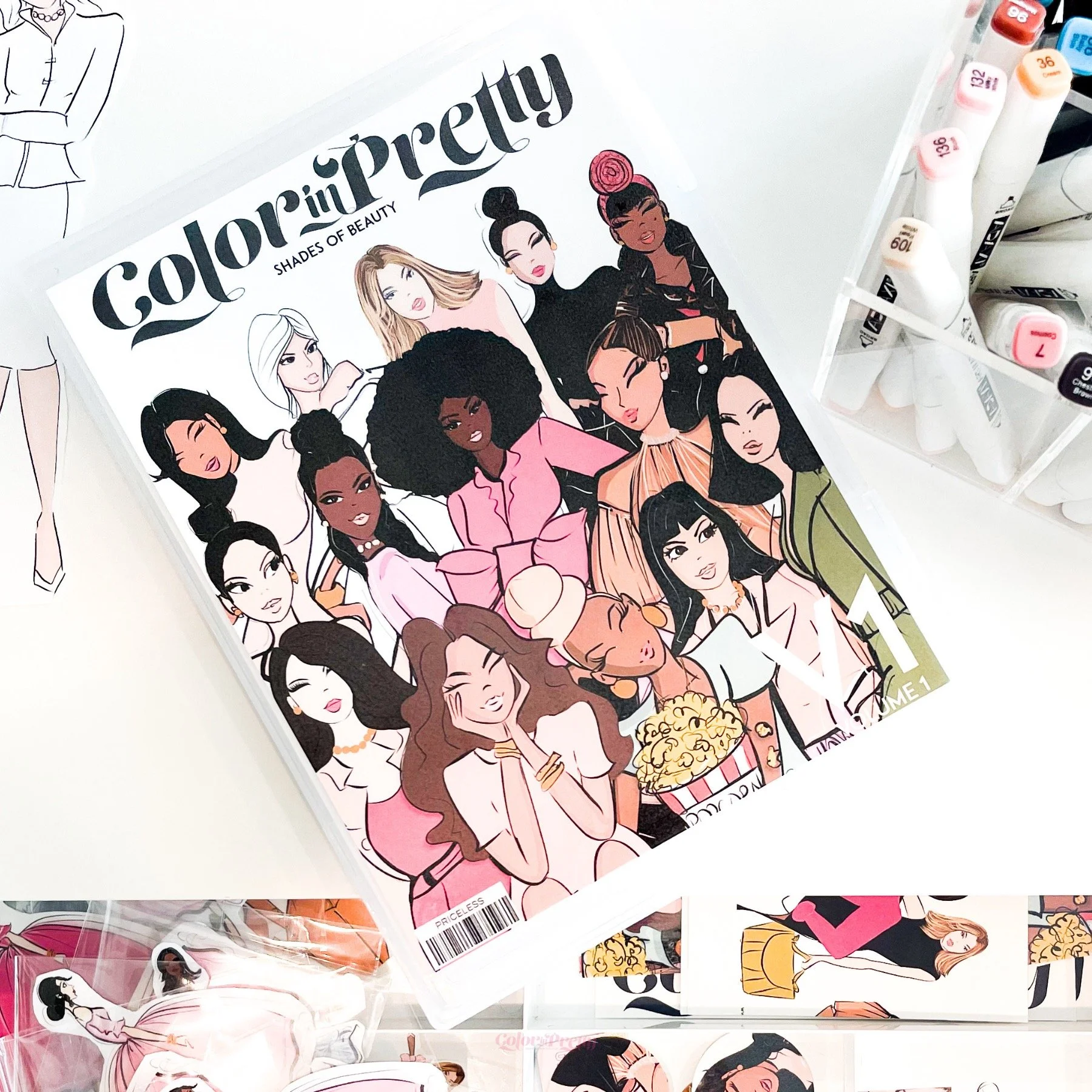 Color in Pretty: Shades of Beauty coloring book cover featuring illustrated women with various skin tones.