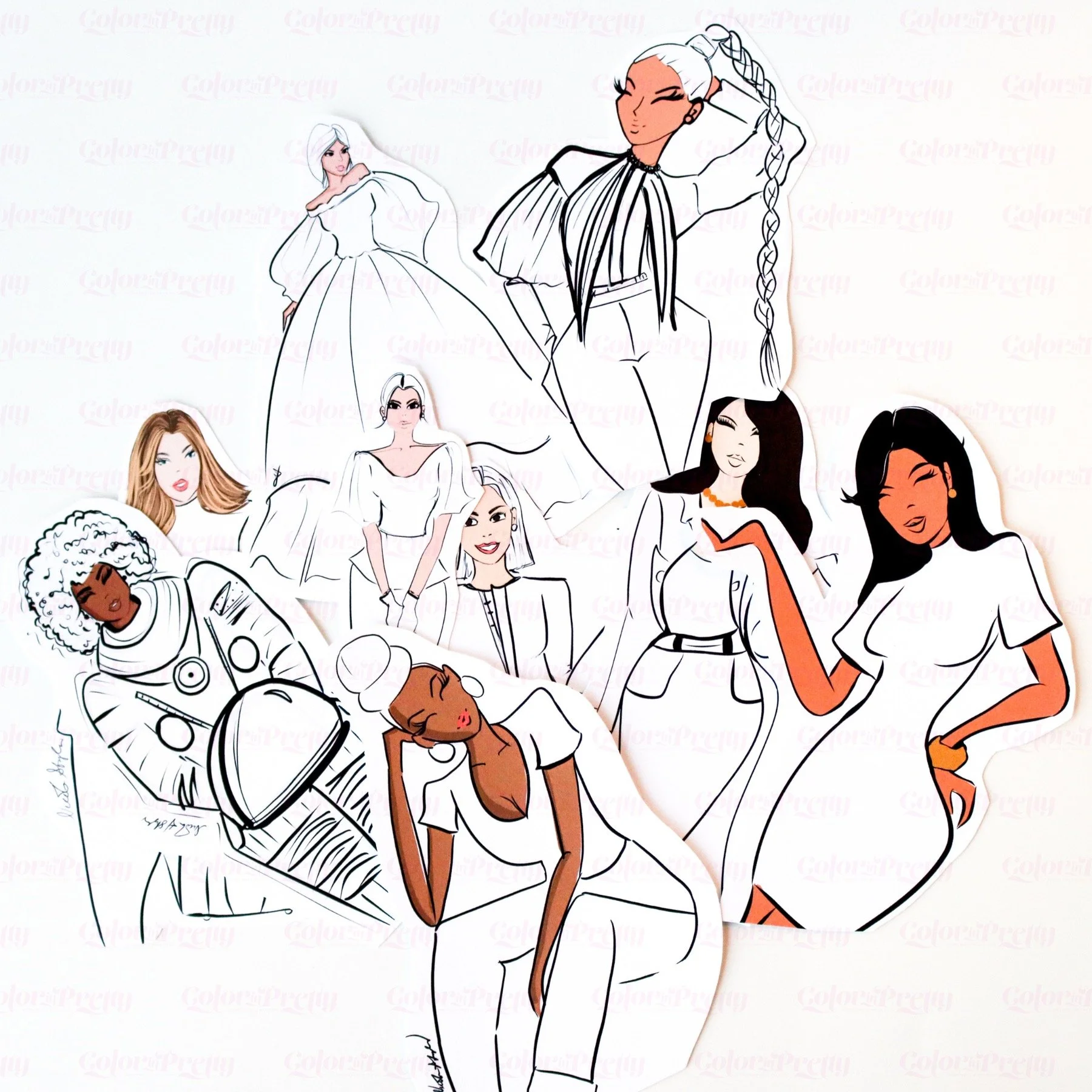 Illustration of diverse stylish women with different hair types and fashion styles, some in white clothing, posed confidently.