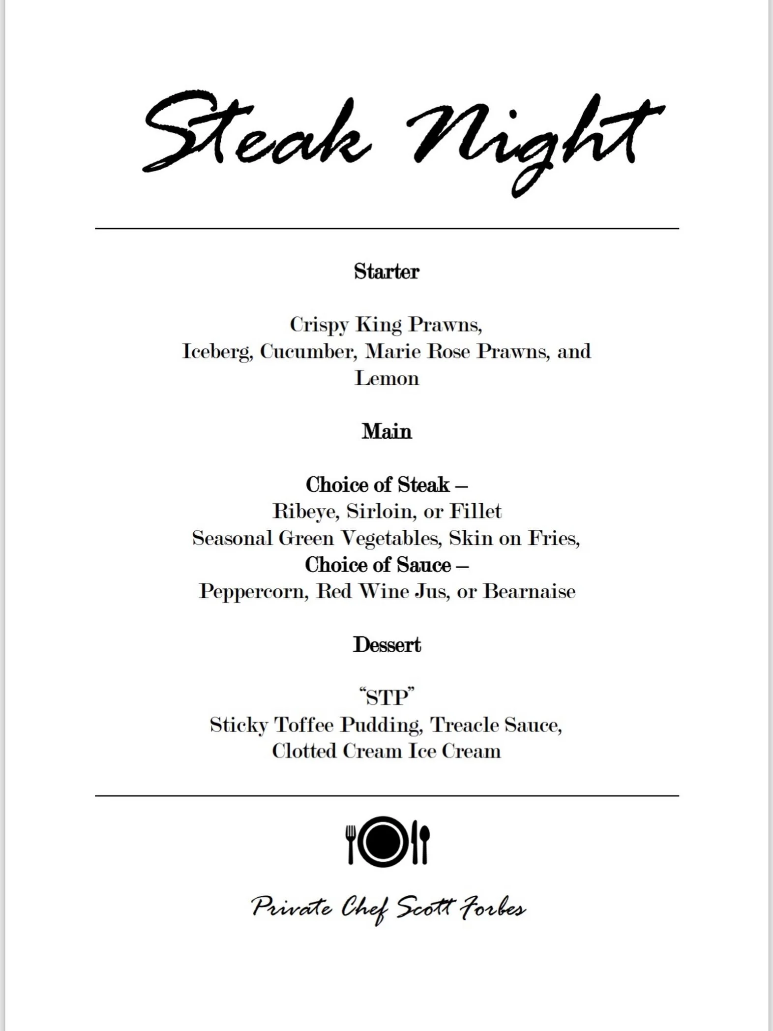 The most popular menu starts with a classic starter, followed by a perfectly cooked steak, and finishes with the legendary STP dessert.

Now imagine enjoying that experience from the comfort of your own home. No shopping, no prep, no cooking, no serv