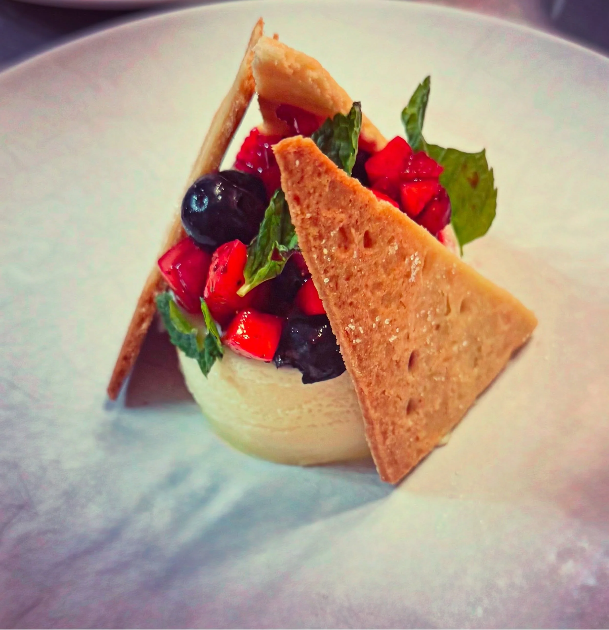 White Chocolate Panna Cotta - Seasonal Berries - Mint - Shortbread Shards #privatechef #privatediningglasgow #privatedinnerscotland #dessertsofinstagram #pannacotta