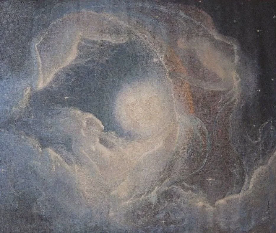 A painting or drawing of the moon in a night sky with clouds and stars.