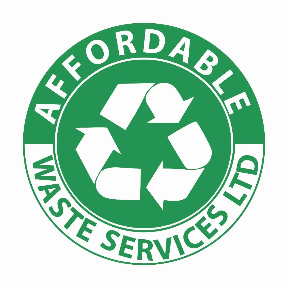 Green circular badge with white text and recycling symbols, reads 'Affordable Waste Services Ltd.'