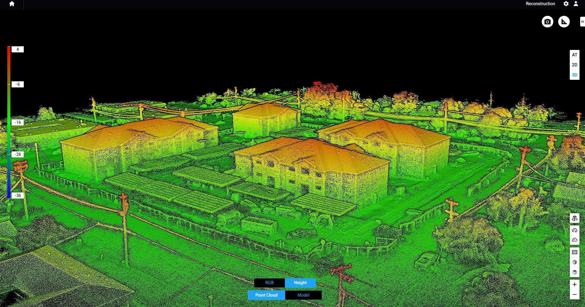 A LiDAR point cloud image of a suburban area showing houses, trees, roads, and power lines with color coding based on height, with a color scale on the left from -36 to 4 meters.