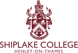 Shiplake College logo in maroon with a shield featuring a crown, two lions, and a cross, and the name 'Shiplake College' with the location 'Henley-on-Thames'