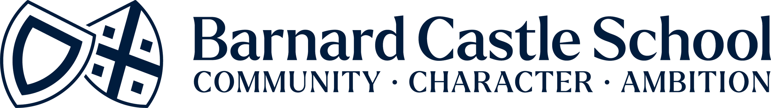 The logo of Barnard Castle School, featuring a shield and the school's motto: community, character, ambition.