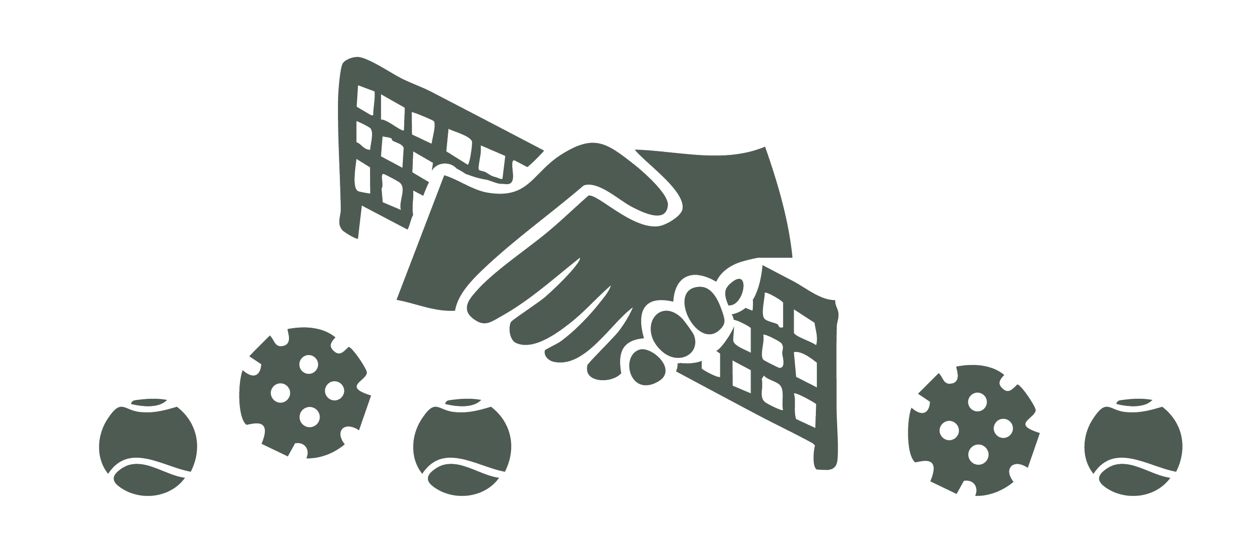 Two hands shaking in front of tennis nets, surrounded by tennis balls and pickleballs.
