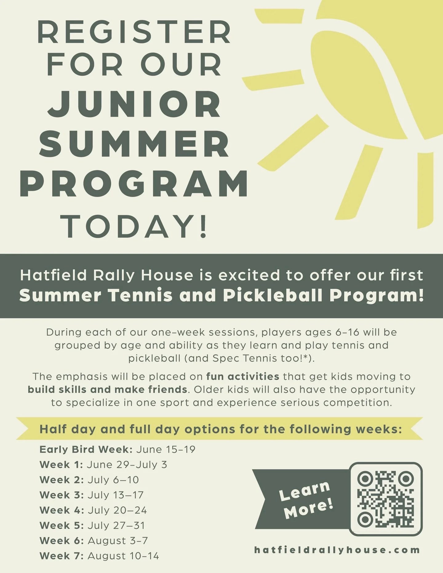 🎾☀️ Big news at Hatfield Rally House!
We&rsquo;re launching our FIRST EVER Junior Summer Program for both tennis and pickleball &mdash; and we can&rsquo;t wait to see you on the courts! 🏓🎾
Spots are limited, so sign up in-house or online at hatfie