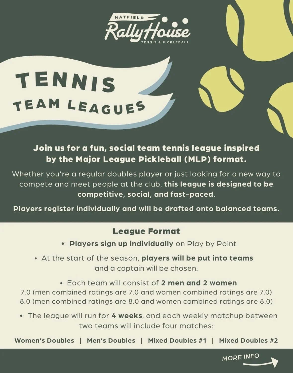 🎾🏓 Something NEW is coming to Hatfield Rally House! 🏓🎾
Get ready to rally with friends and compete as a team! Our Tennis &amp; Pickleball Team Leagues are kicking off next week and registration is open.
Whether you&rsquo;re looking to sharpen you