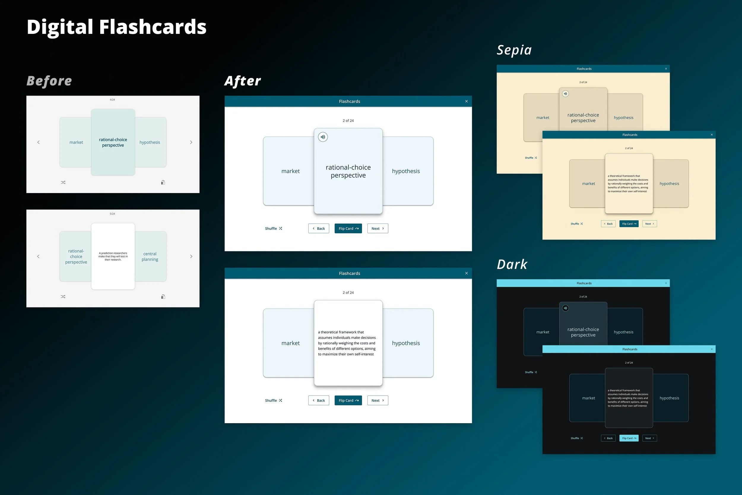 The accessible Flashcards player has improved navigation, audio playback, and multiple color modes