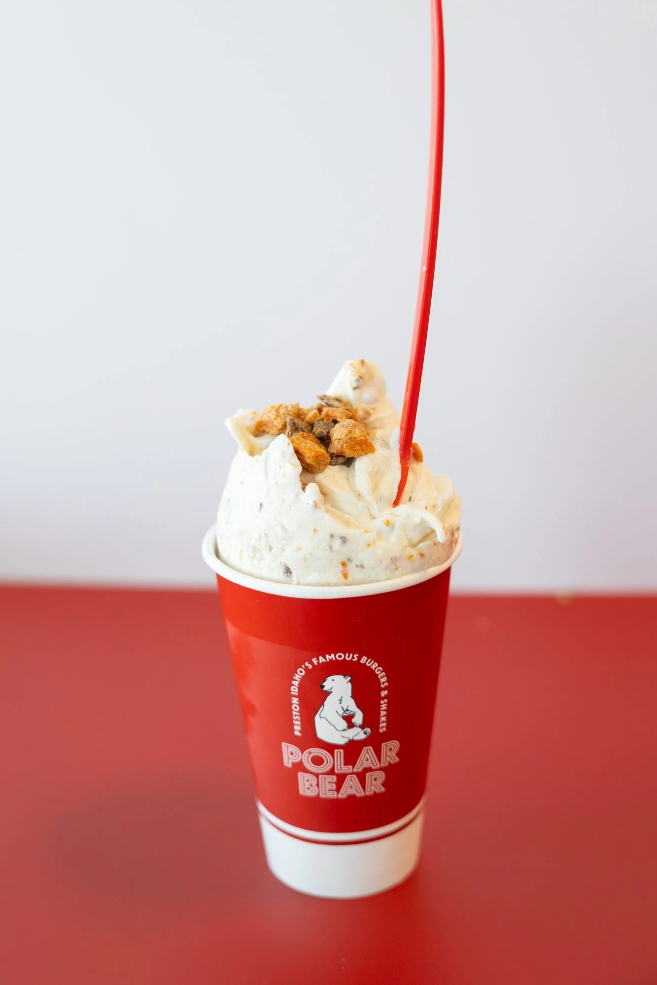Shake in a red Polar Bear cup, menu photo for Polar Bear in Preston, Idaho