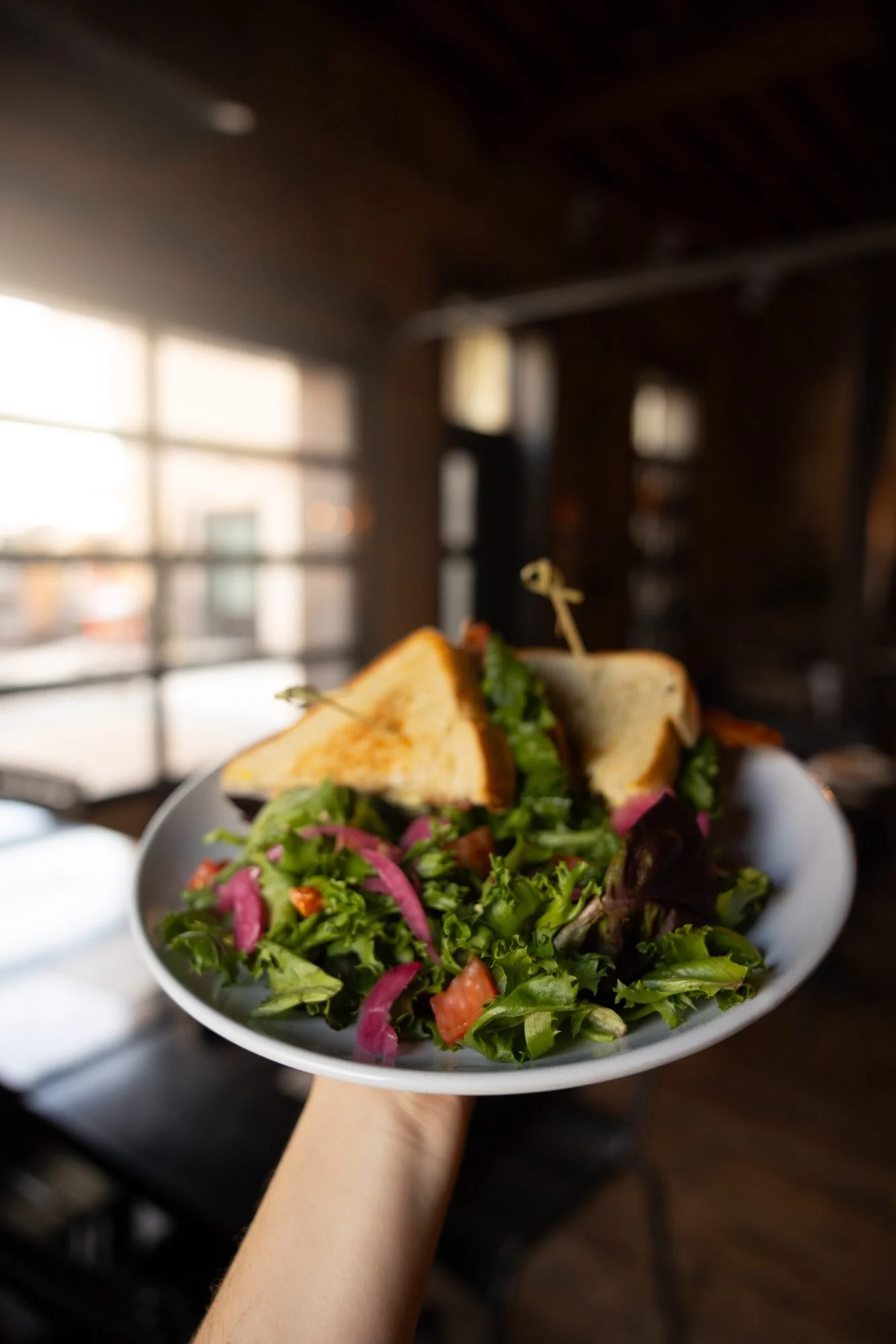 A hand carries a plate of salad and grilled cheese through a dim restaurant dining room