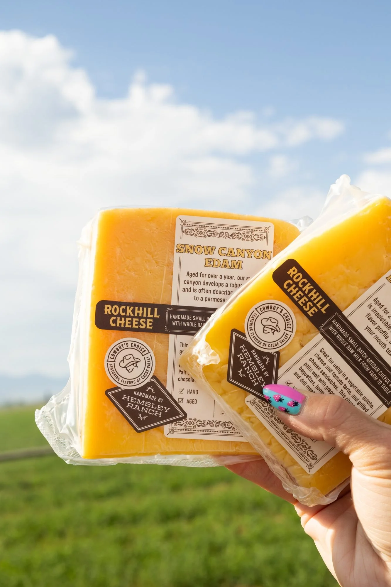 A hand holds up two wedges of Rockhill cheese against a blue sky over a green field