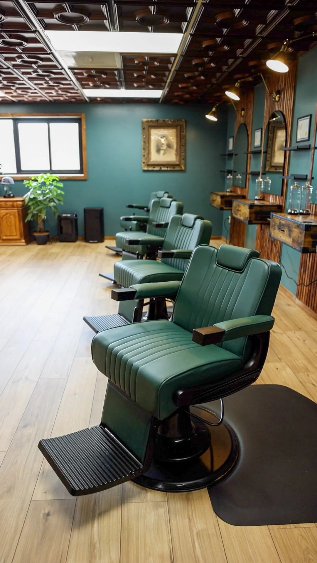 A row of green leather barber chairs on a wood floor in a teal barbershop