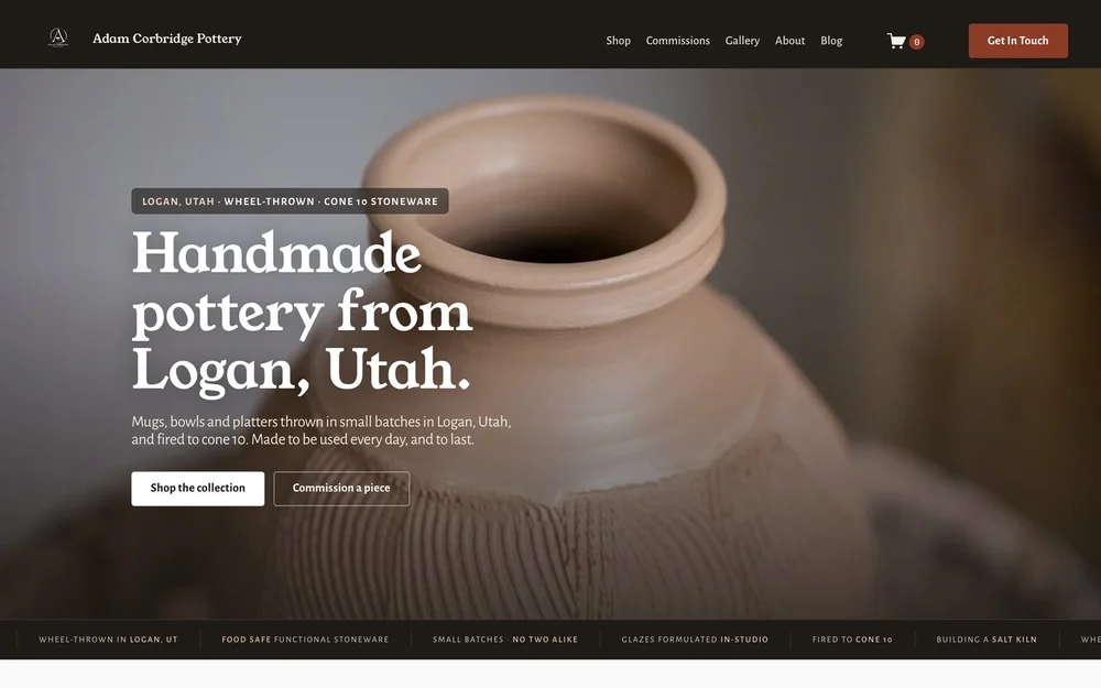 Home page of adamcorbridgepottery.com, designed and built by Sarah Rasmussen Productions