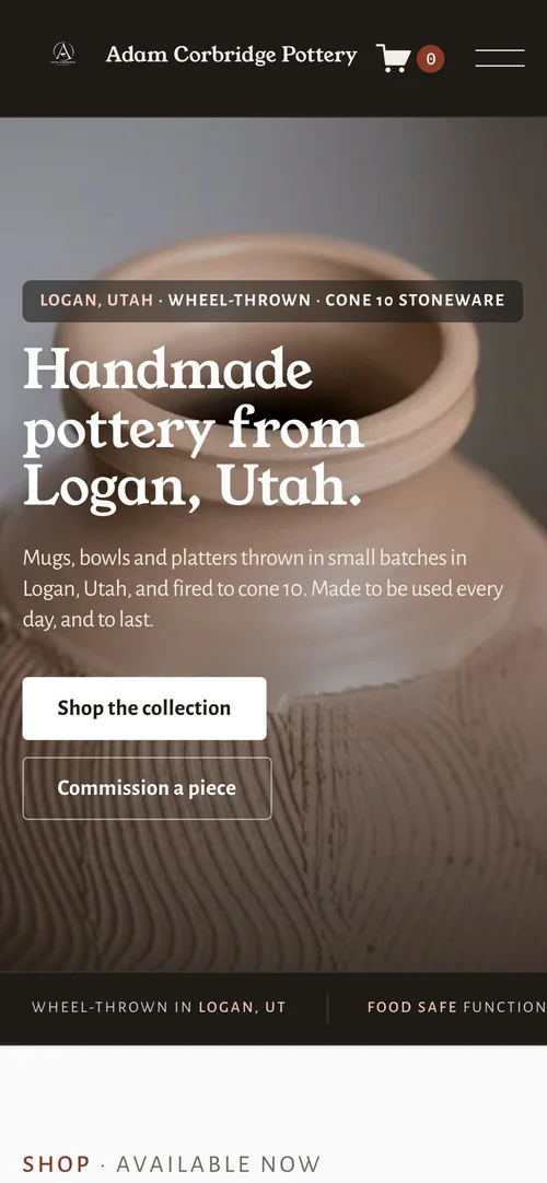 adamcorbridgepottery.com on a phone
