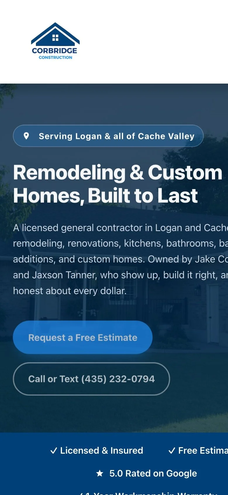 Corbridge Construction home page on a phone