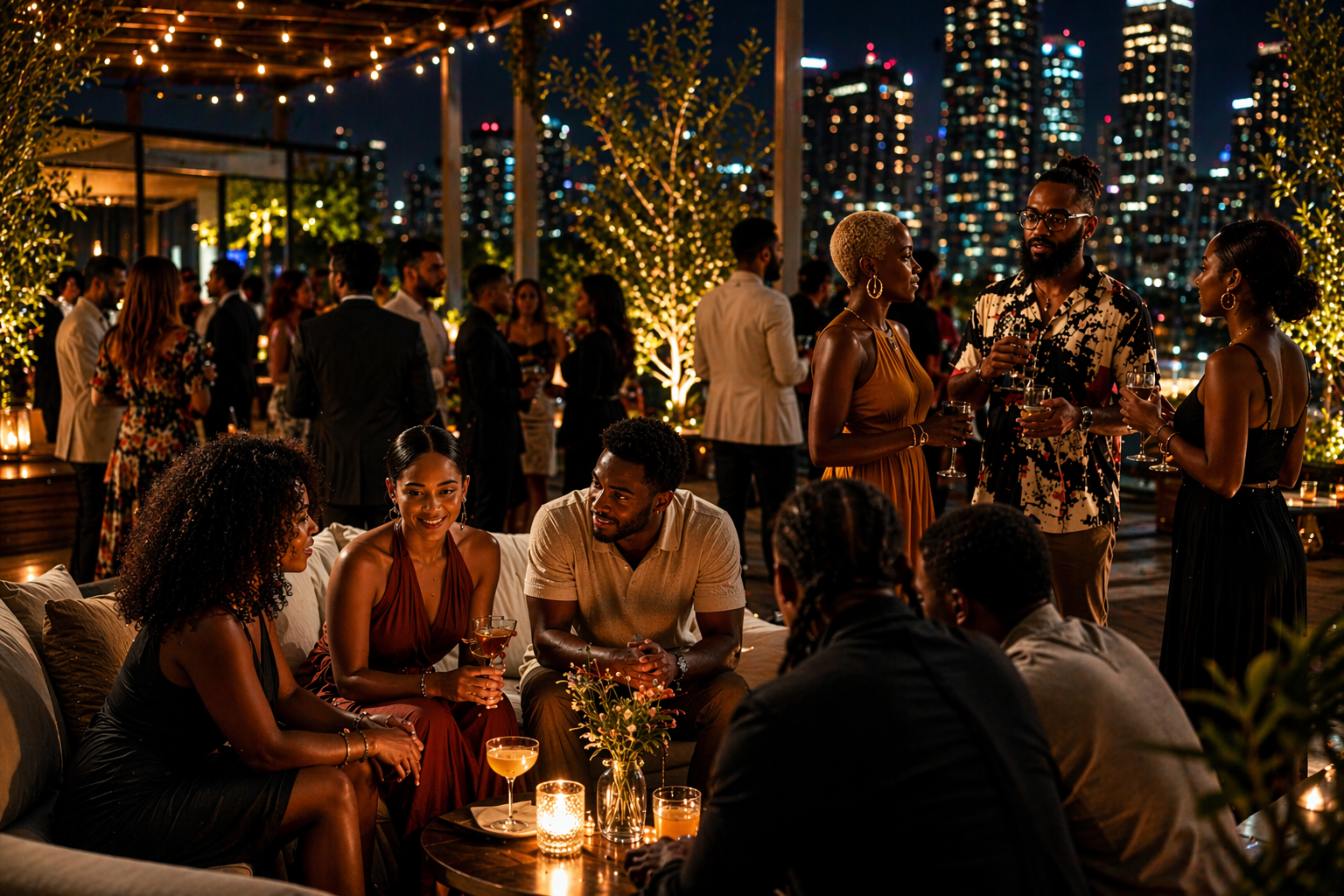 A group of seven young adults taking a selfie together outdoors in the evening, with string lights and illuminated decorative spheres in the background.