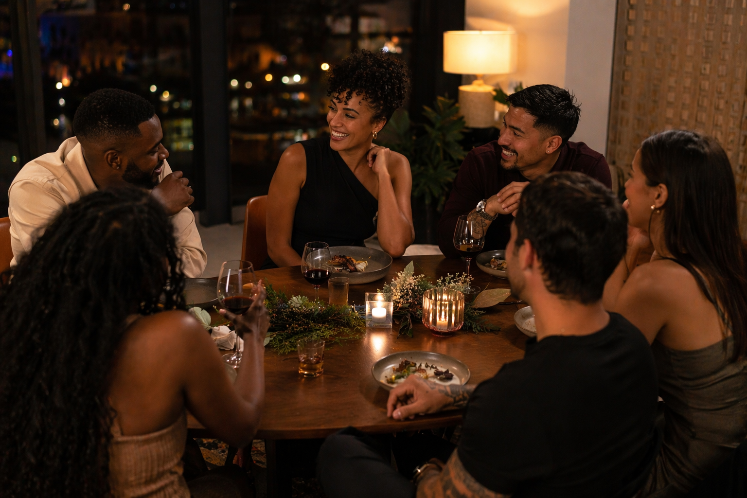 A man giving a woman a bouquet of yellow flowers as they sit on a couch, smiling at each other, with a travel bag and a small suitcase nearby.