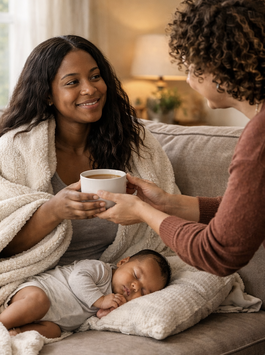 The image reflects compassionate postpartum support, maternal care, rest, nourishment, and the importance of emotional and physical recovery during the early postpartum period.