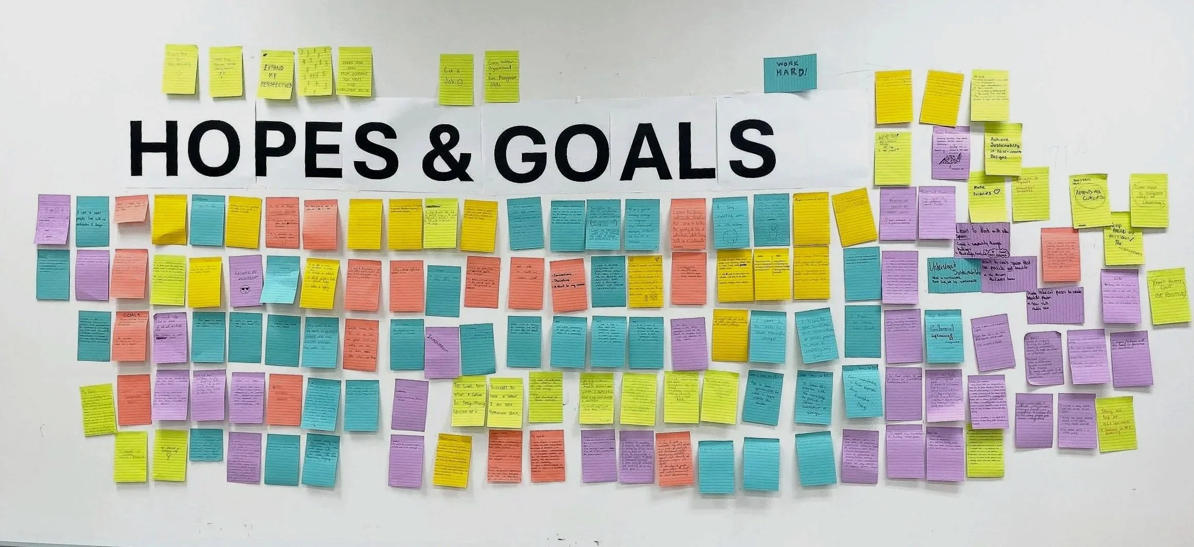 A wall with a large sign reading 'HOPES & GOALS' surrounded by colorful sticky notes, which contain various handwritten goals, hopes, and notes in purple, pink, yellow, blue, and orange.