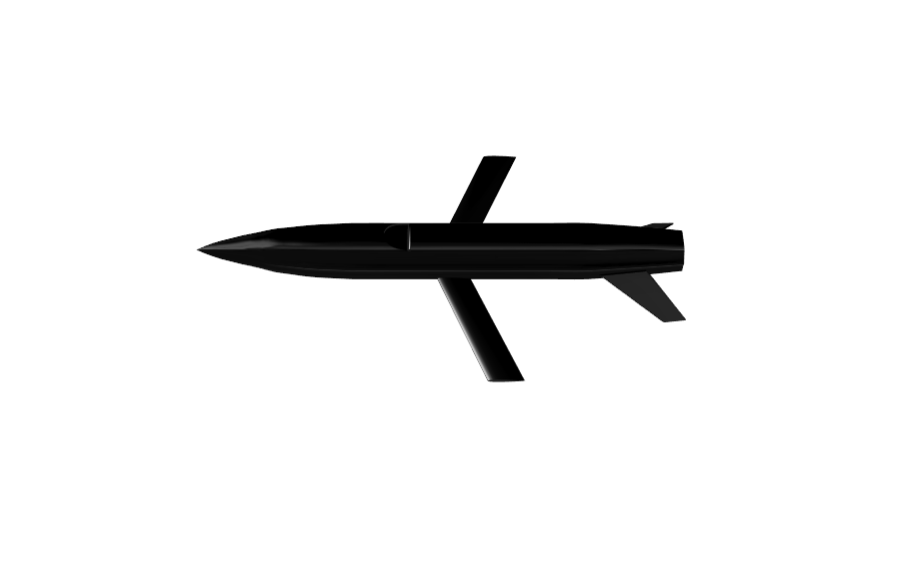 A black, sleek military-style drone with a streamlined body, two fixed wings, and a tail fin, set against a black background.