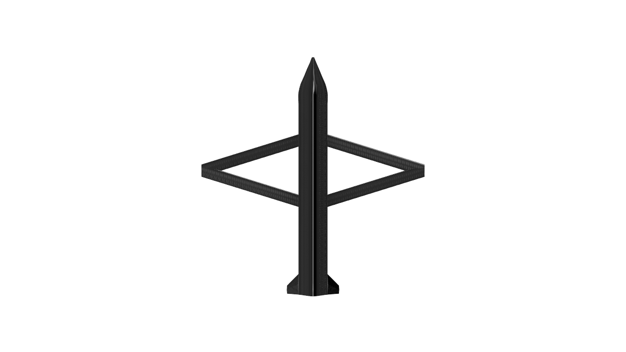 Black metallic crucifix with a diamond-shaped frame behind it