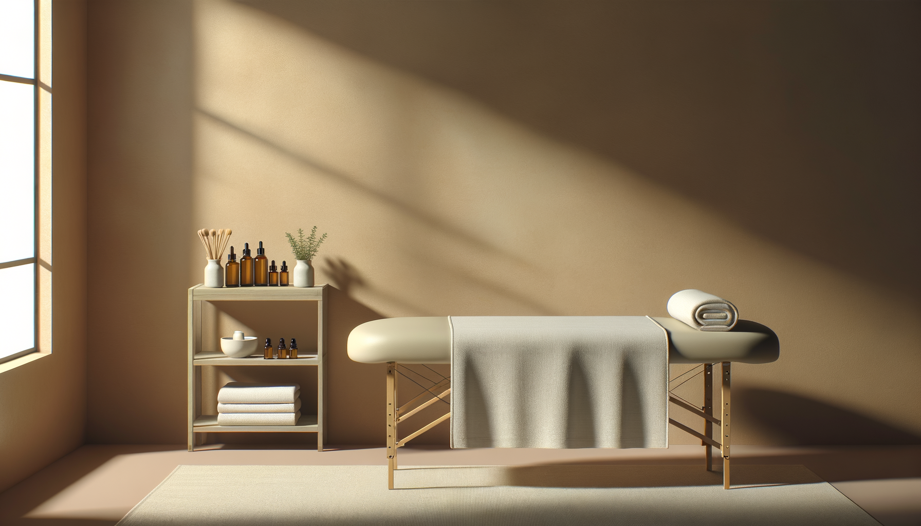 A massage table with a rolled towel on one end, in a softly lit room with beige walls and a window to the left. A small wooden shelf holds bottles, jars, and a potted plant.