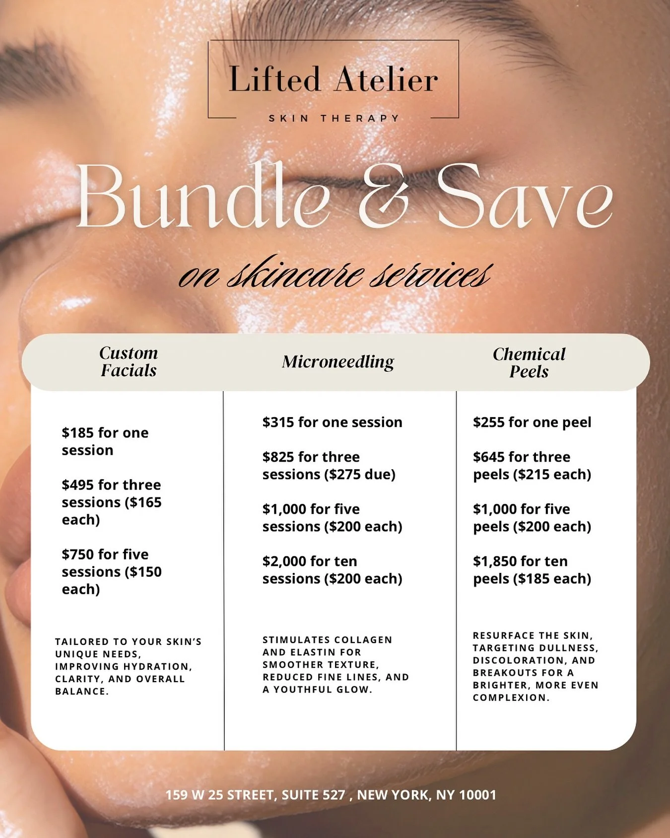 ✨ Get more glow for less ✨
Our treatment bundles make it easy to stay consistent with your skincare&mdash;custom facials for balance, microneedling for smoothing and firming, and chemical peels for a brighter complexion. Save up to 25% when you bundl