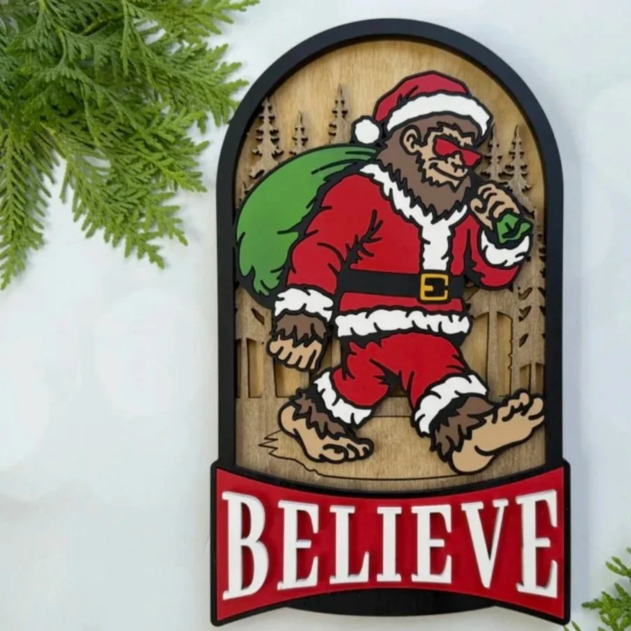 Believe – Hand-Painted Bigfoot Santa Christmas Wooden Sign