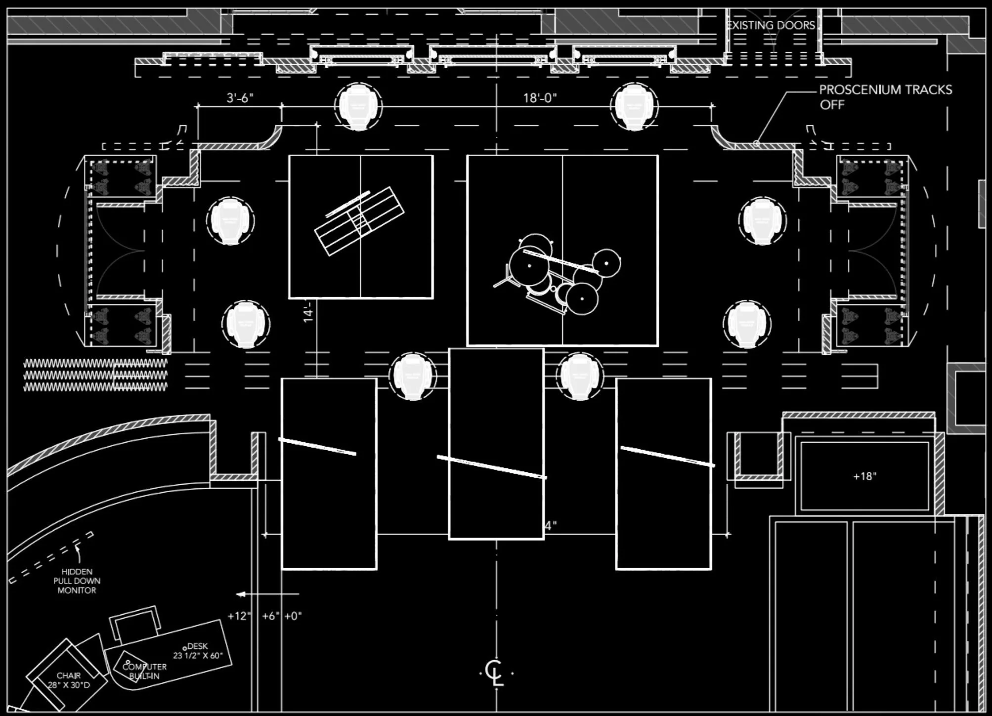 Architectural blueprint of an indoor music studio, late night television set. Concert Production, Stage Design, STATION SIX