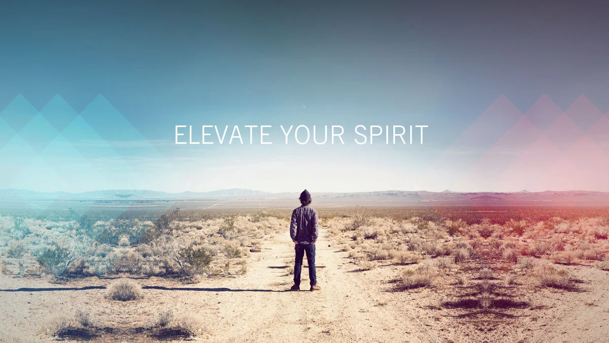 Person standing in a desert landscape with mountains in the distance, with the text 'ELEVATE YOUR SPIRIT' overlaid.