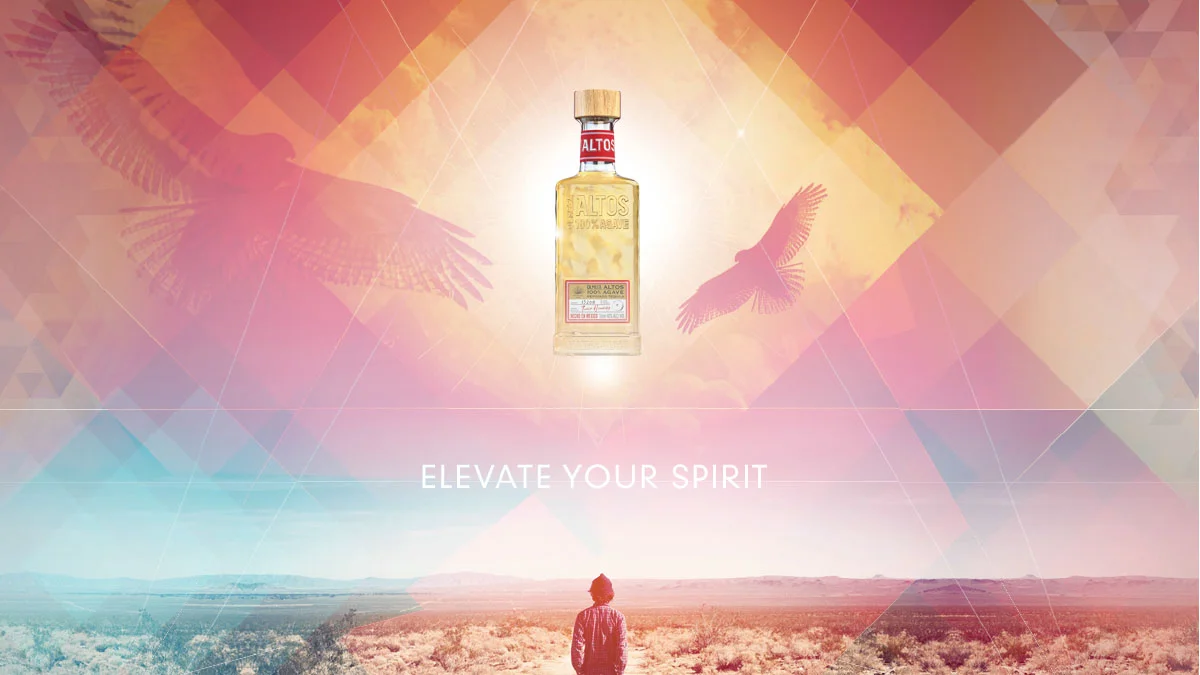 A person looking at a landscape with a large bottle of Altos tequila floating above, surrounded by pink and orange hues, with birds flying and the text 'Elevate Your Spirit'.