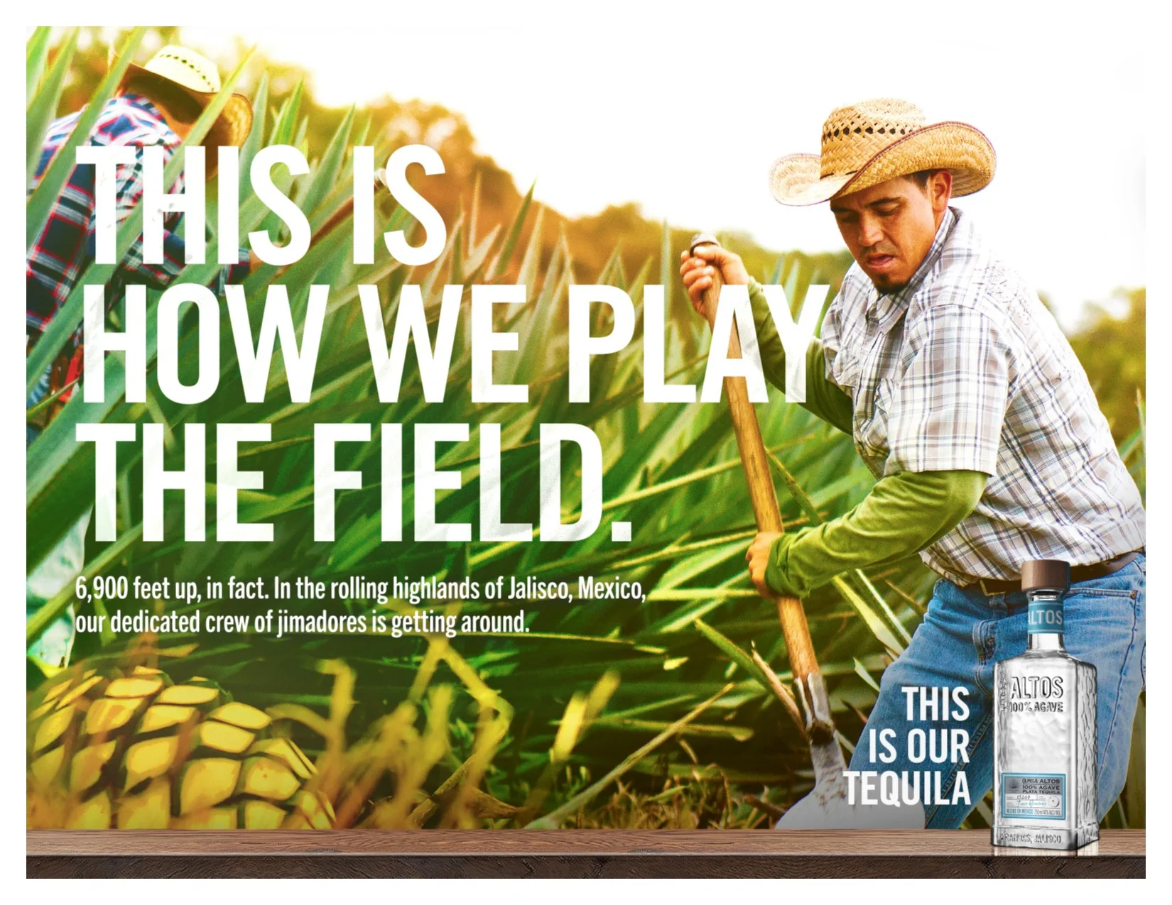 A man in plaid shirt and straw hat working in a pineapple field, with overlay text about playing the field and a bottle of Alto's tequila.