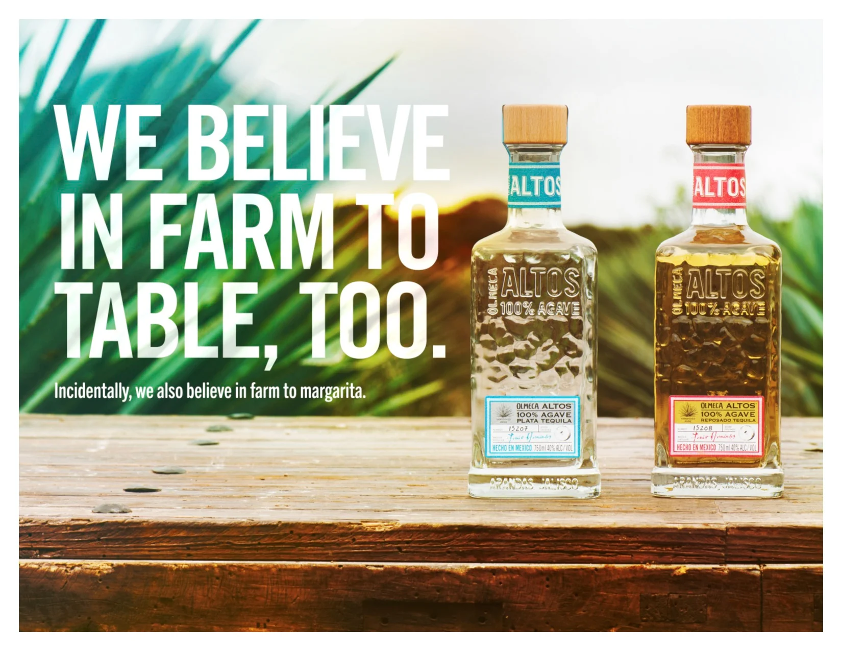 Two bottles of agave nectar side by side on a wooden surface with a blurred outdoor background, one clear and the other amber, with bold white text overlay reading 'We believe in farm to table, too.'