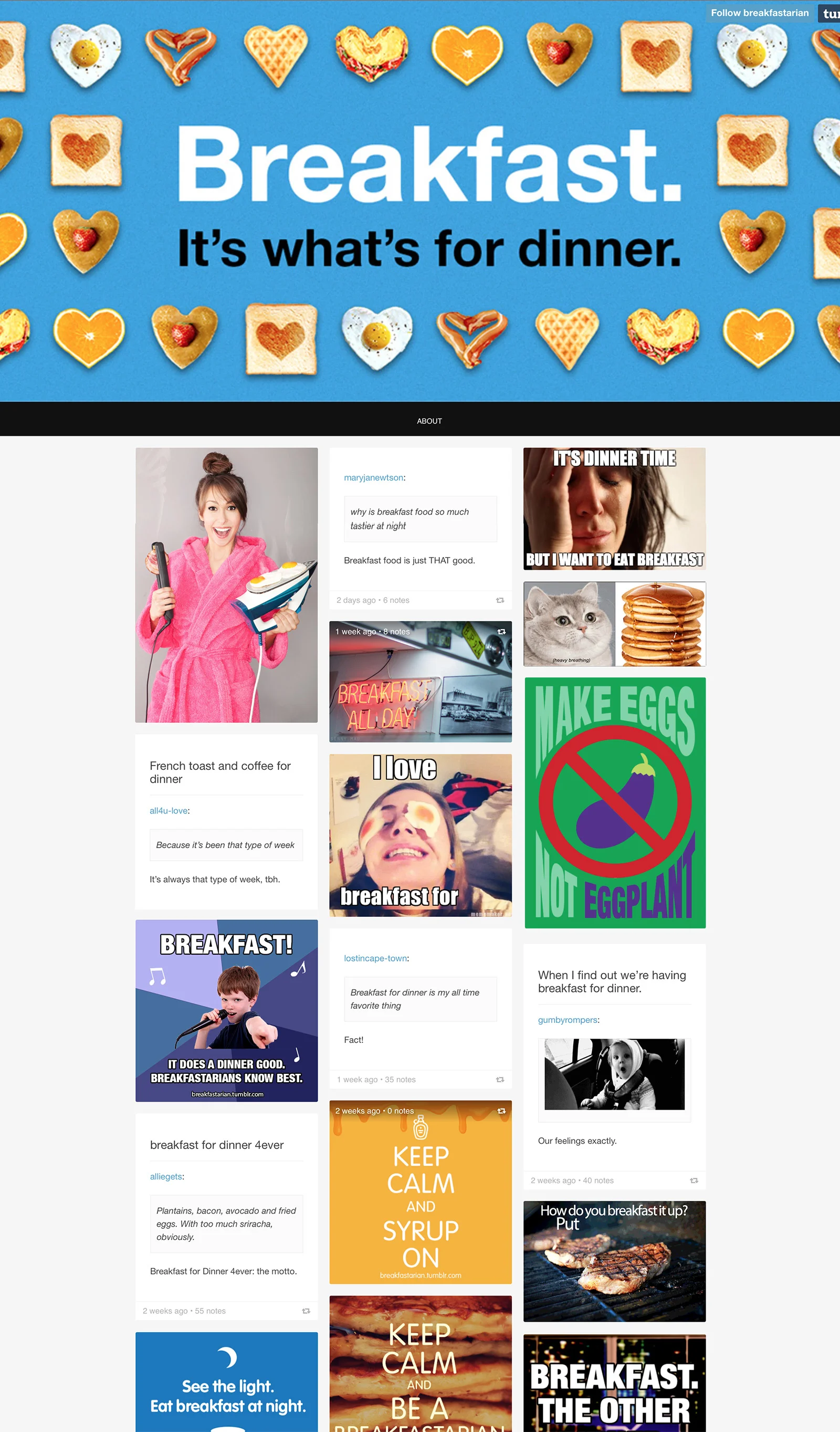 A website homepage with a blue background featuring various breakfast-themed food icons such as toast, eggs, pancakes, and bacon. The main headline reads "Breakfast. It’s what’s for dinner." surrounded by these icons.