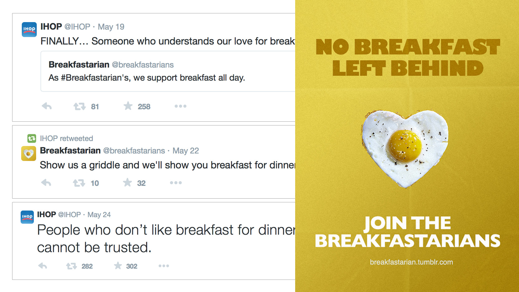 A graphic featuring a fried egg cooked as a heart shape with a sunny side up yolk on a yellow background. The text above the egg states 'No Breakfast Left Behind' and below it reads 'Join the Breakfastarians' with a URL 'breakfastarian.tumblr.com'.