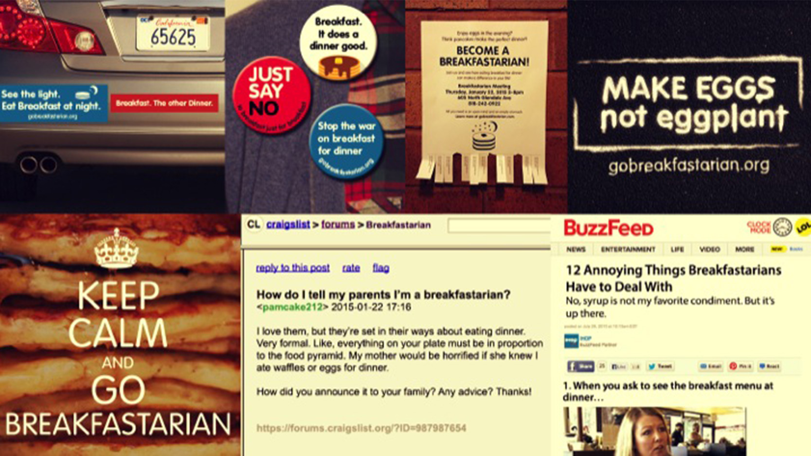 A collage of images and text promoting breakfast awareness and activism. Elements include a car with California license plate, various stickers about breakfast and vegetarianism, a poster titled 'Become a Breakfastarian,' a toast with the message 'Ke