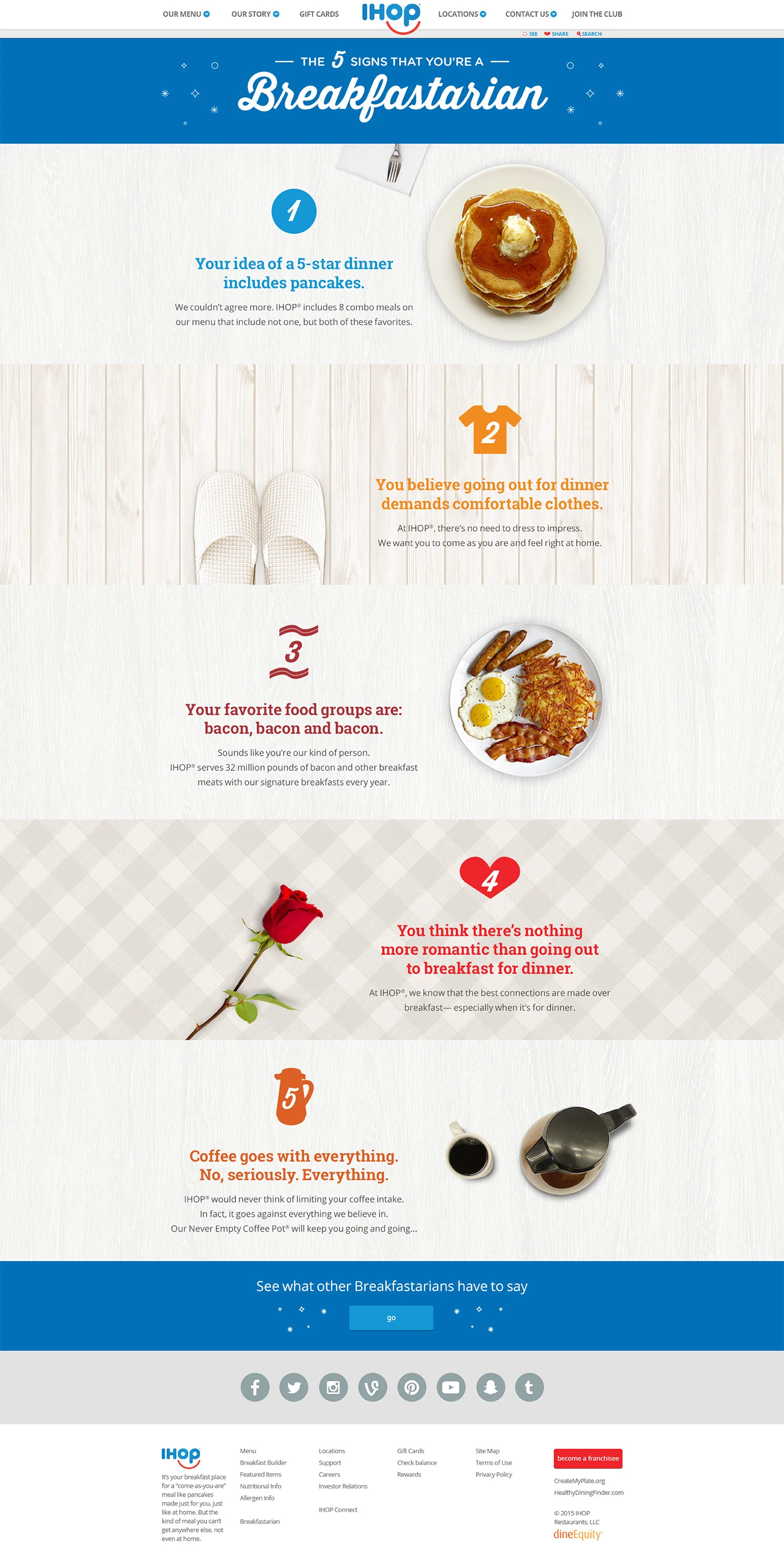 Web page from IHOP listing signs of a breakfast lover, including pancakes, comfortable clothes, bacon, romantic breakfast, and coffee.