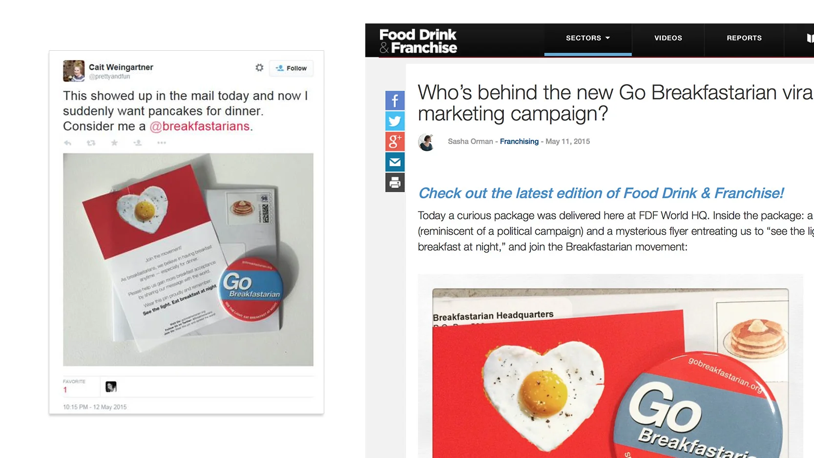 A printed email or flyer featuring a heart-shaped fried egg, a stack of pancakes, and a Go Breakfastarian button, with text inviting to join the breakfast movement.