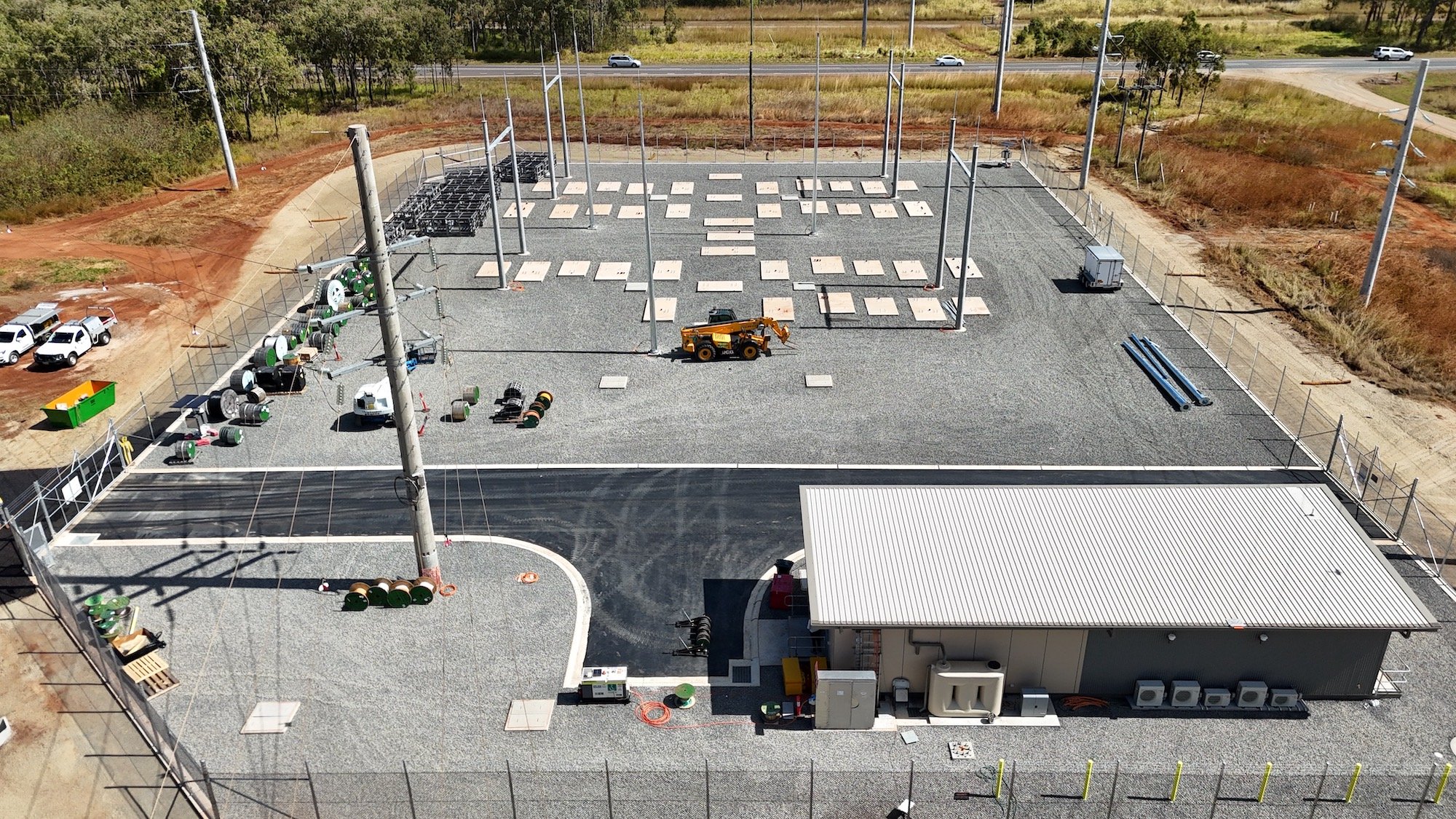 Aerial view of completed civil works at the Turkinje West Substation in Mareeba, including hardstand, access roads and infrastructure