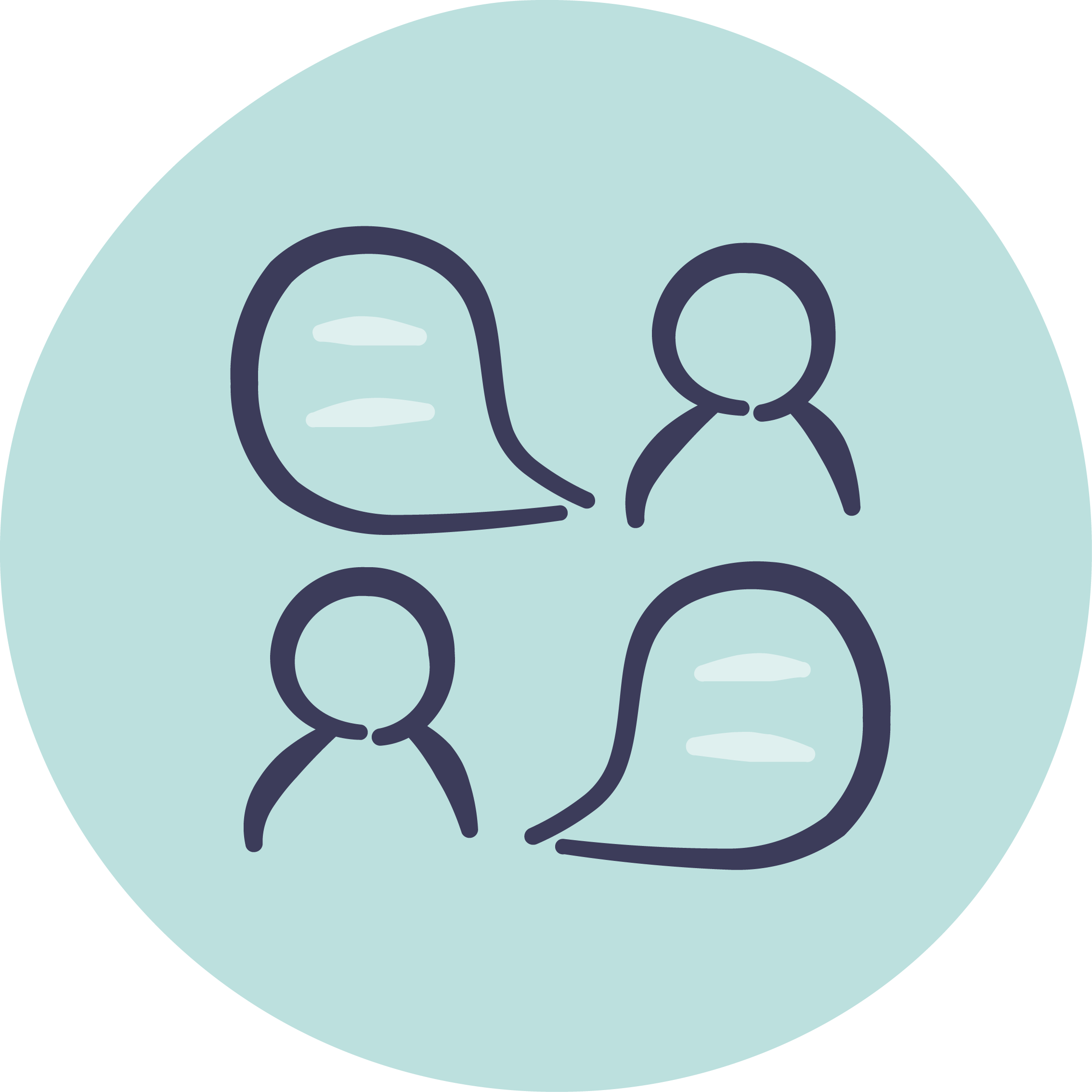 Light blue circle with sketched figures and speech bubbles