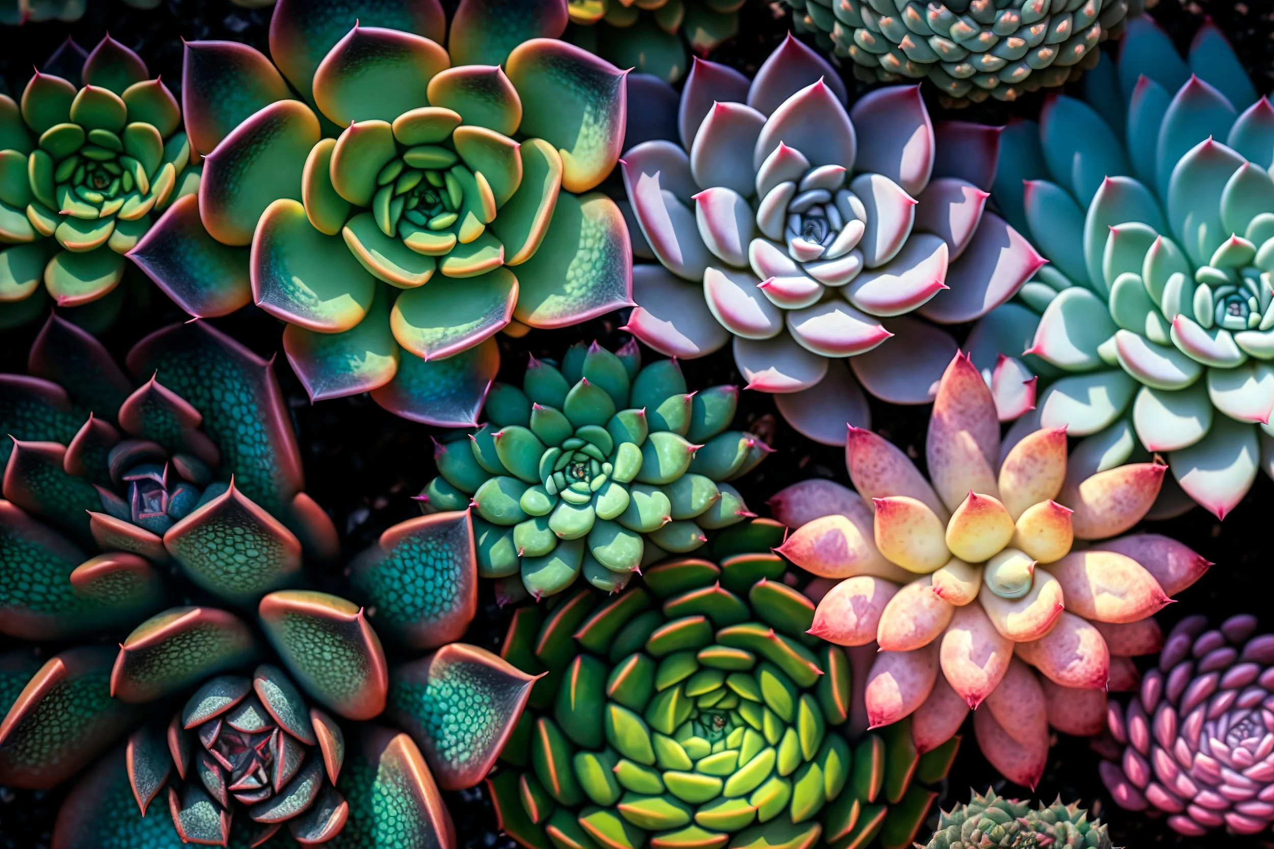 Close-up of various colorful succulents with different shapes and textures.