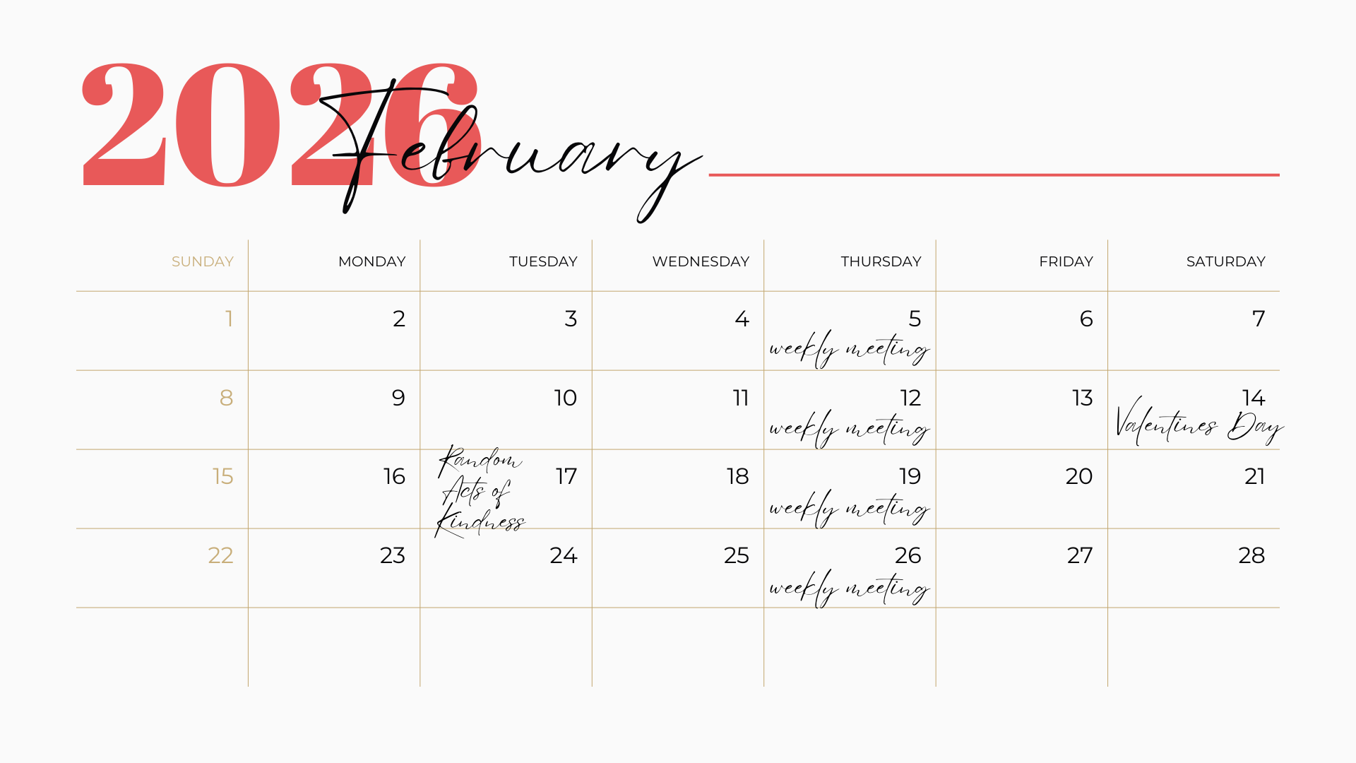 February 2026 calendar page with weekly meetings on Thursdays, a special Valentine's Day reminder on February 14th, and a note about random acts of kindness on February 17th.