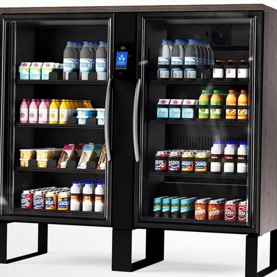 Electric beverage cooler containing bottled water, flavored milk, yogurt drinks, juice boxes, soda, and energy drinks.