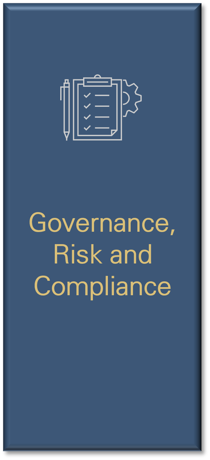 Blue banner with white icon of a clipboard, pen, and gear at the top. Text below reads "Governance, Risk and Compliance."