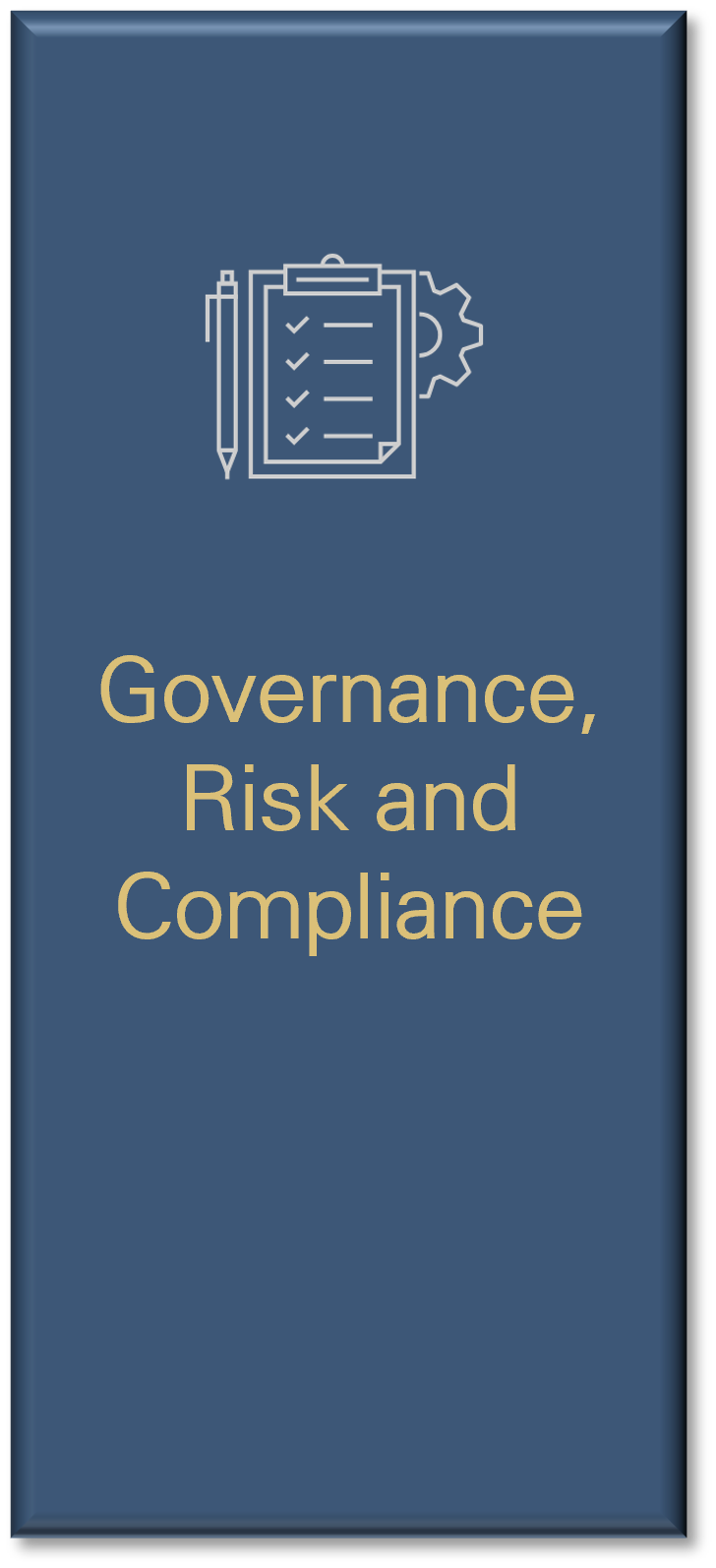 A banner with an icon of a clipboard with checkmarks, a pen, and a gear, and text that reads "Governance, Risk and Compliance" in beige font on a blue background.