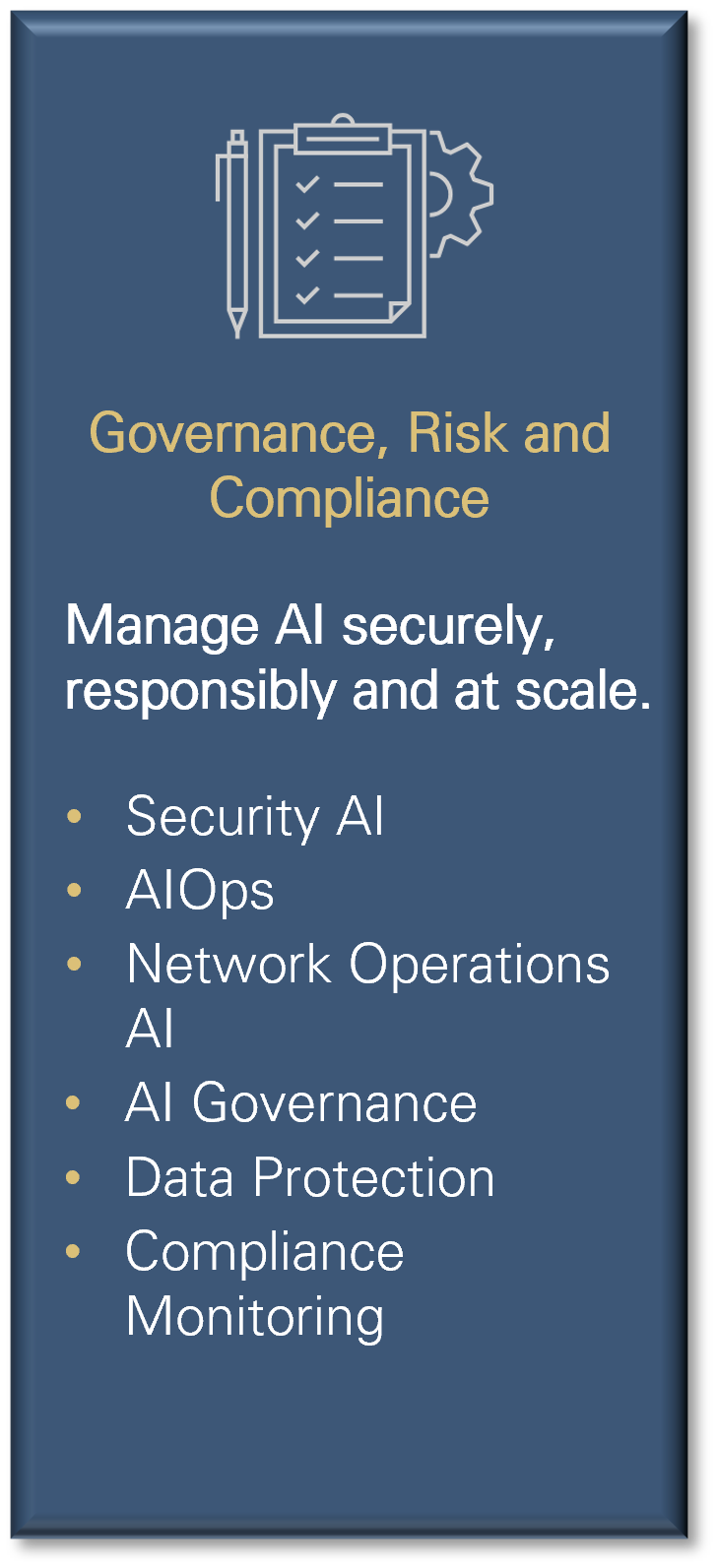 A digital graphic with a clipboard and gear icon, featuring the title 'Governance, Risk and Compliance' and a list of topics including Security AI, AIOps, Network Operations AI, AI Governance, Data Protection, and Compliance Monitoring.